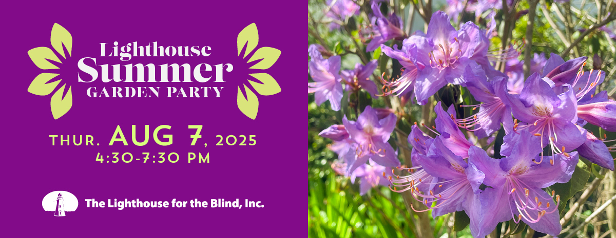 Lighthouse Summer Garden Party graphic with purple flowers